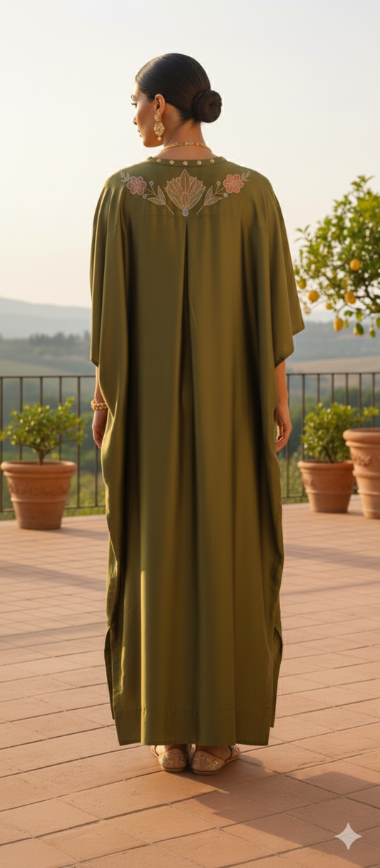 Dholki Edit - Satin Silk Kaftan Chaandi Phool - Fern Leaf Green