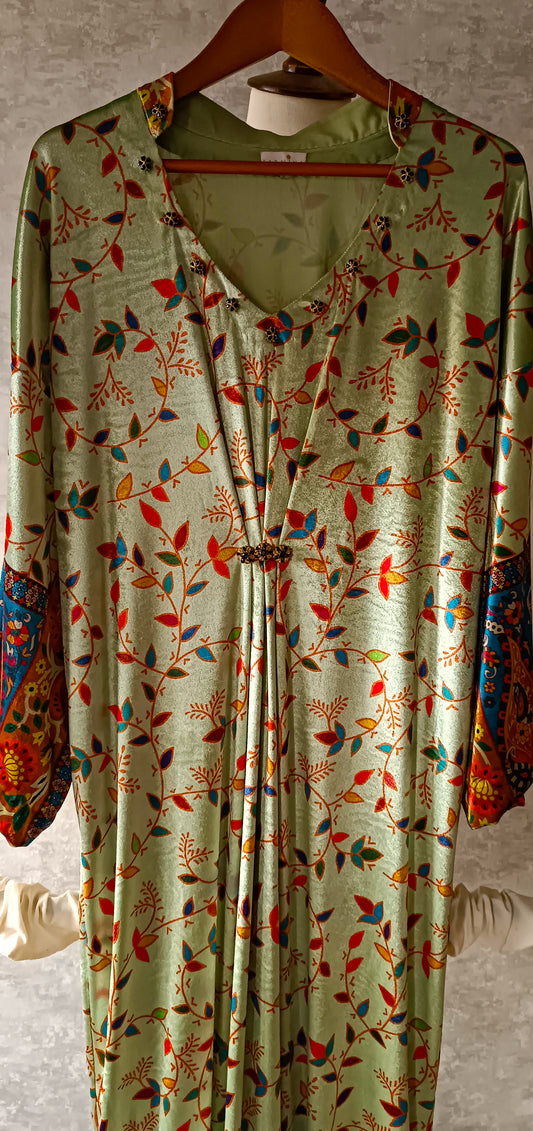 Formal Wear - Printed Velvet Kaftan Mint Green