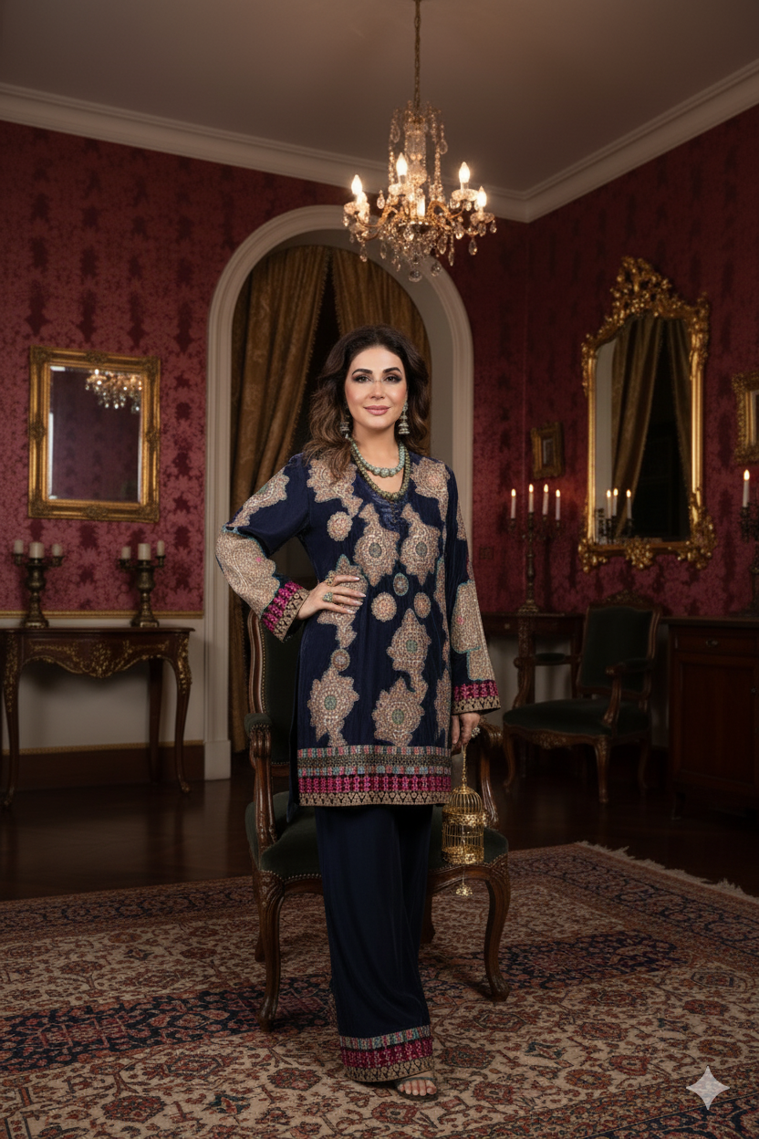 Wedding Wear - Blue Velvet with Kimkhawab Applique