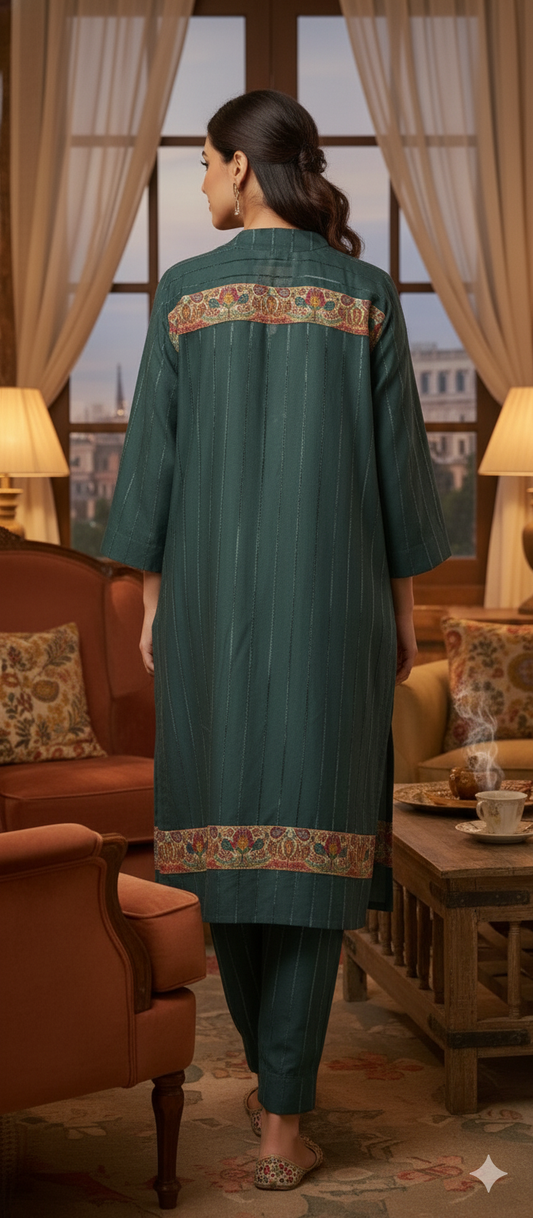 Winter Edit - Kalam Kari- Pure Velvet striped Linen- Deep Royal Blue