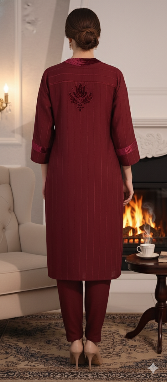 Winter Edit - Velvet Applique - Pure Velvet striped Linen- Deep Red