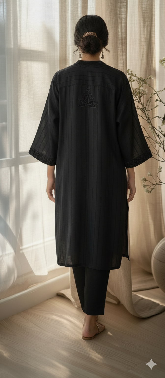 Winter Edit - Velvet Applique - Pure Velvet striped Linen- Black