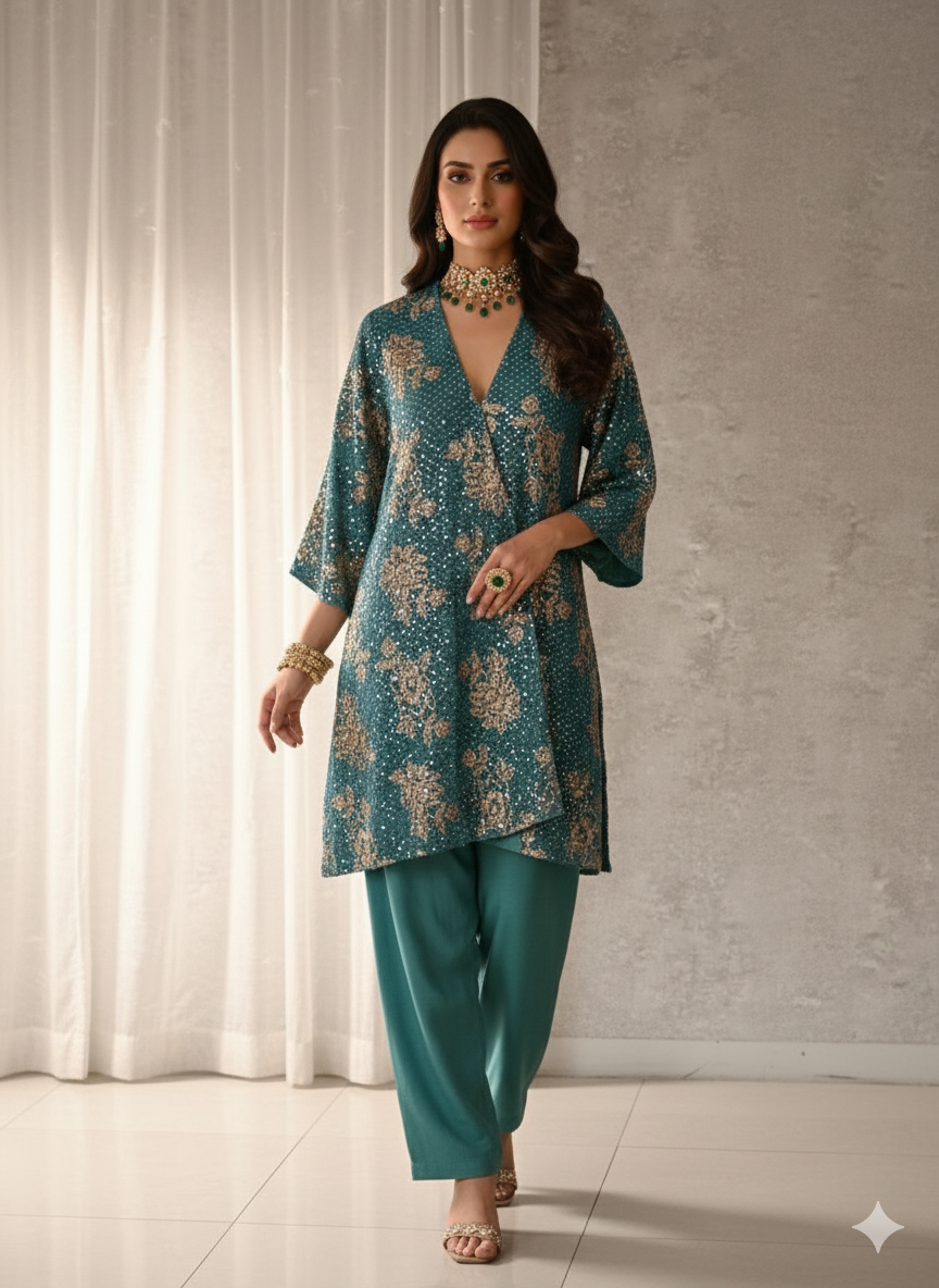 Wedding Edit - Sequined Pure Georgette Chiffon - Cerulean Blue