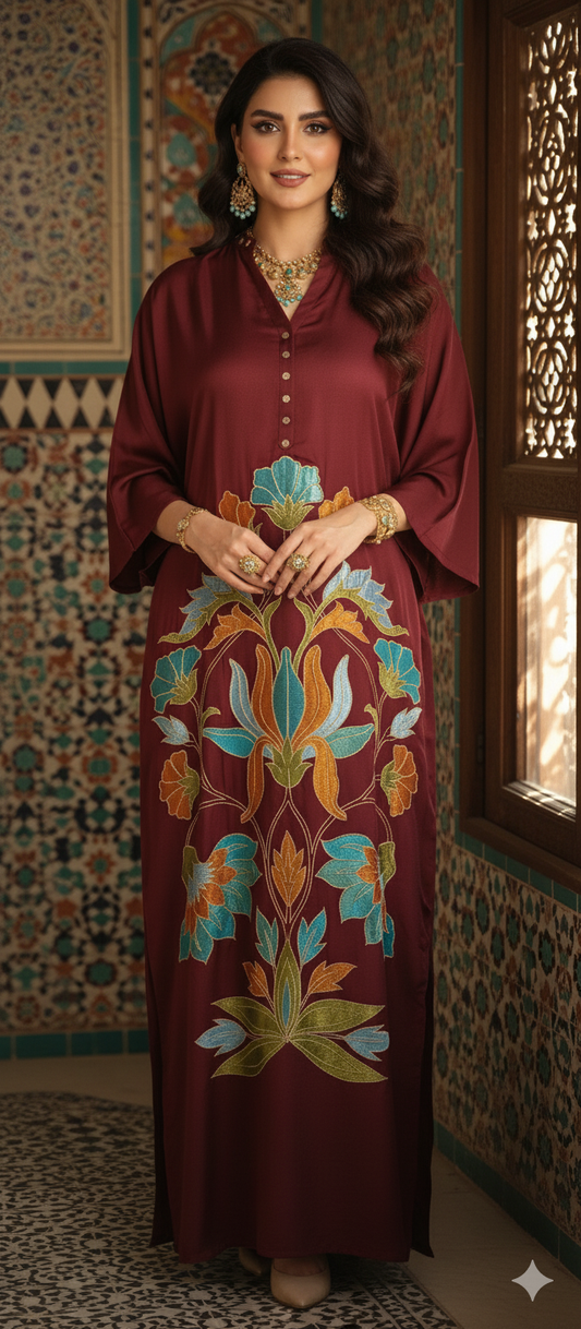 Dholki Edit - Slub Silk Kaftan Floral Royale - Maroon