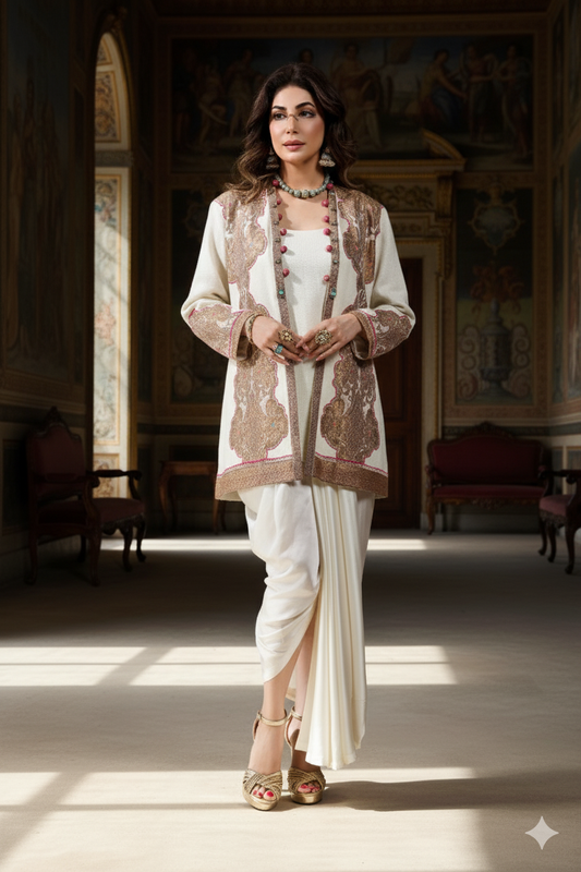 Wedding Wear - Ivory Pure Wool Jacket with Kimkhawab Applique
