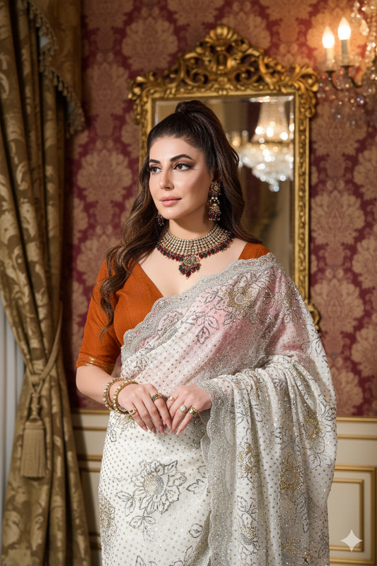 Sari - White Sequined Sari - Gul Bibi