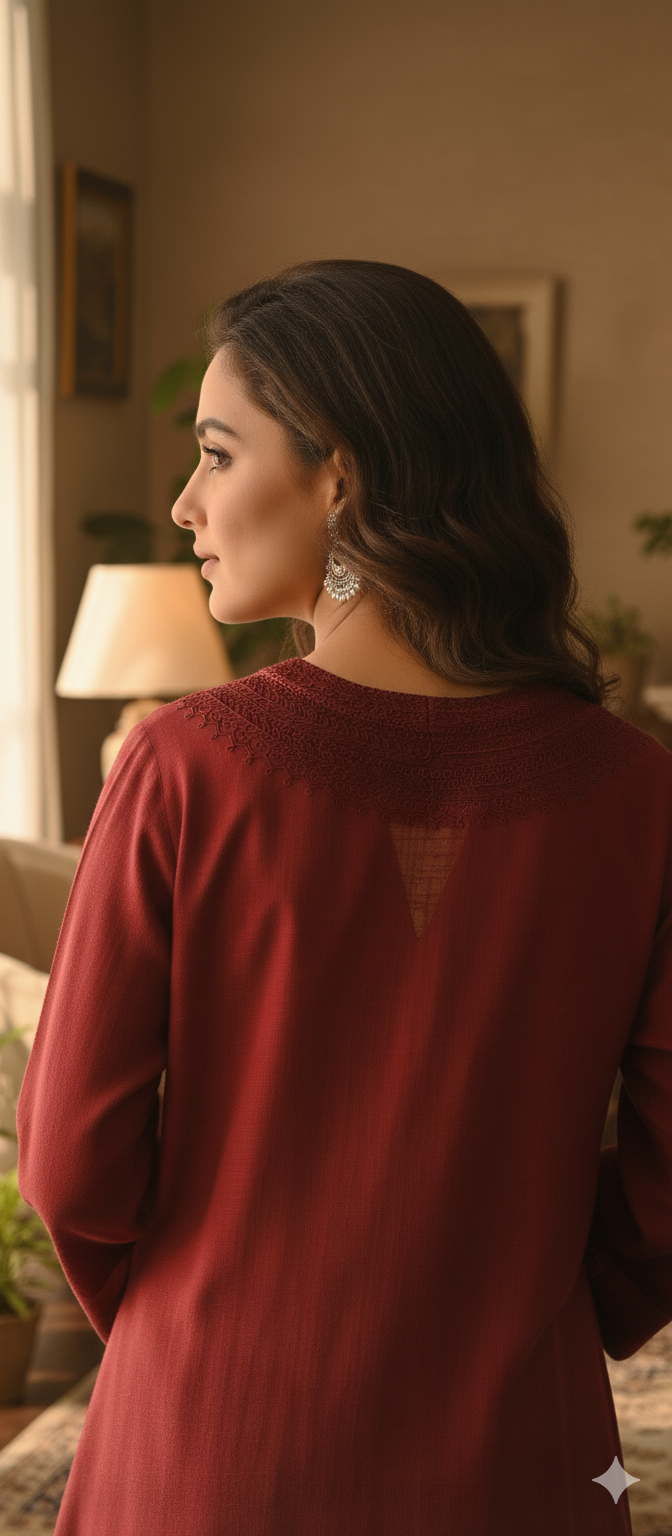 Winter Edit - Dori Embroidery - Pure Slub Khaddar- Maroon Red