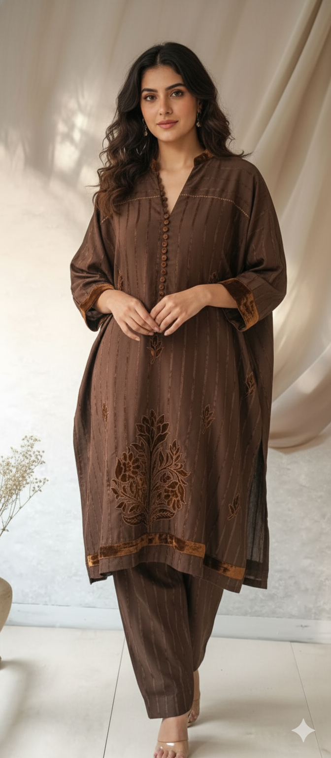 Winter Edit - Velvet Applique - Pure Velvet striped Linen- Brown
