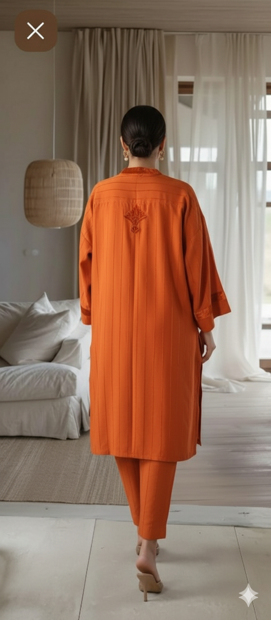 Winter Edit - Velvet Applique - Pure Velvet striped Linen- Saffron Orange