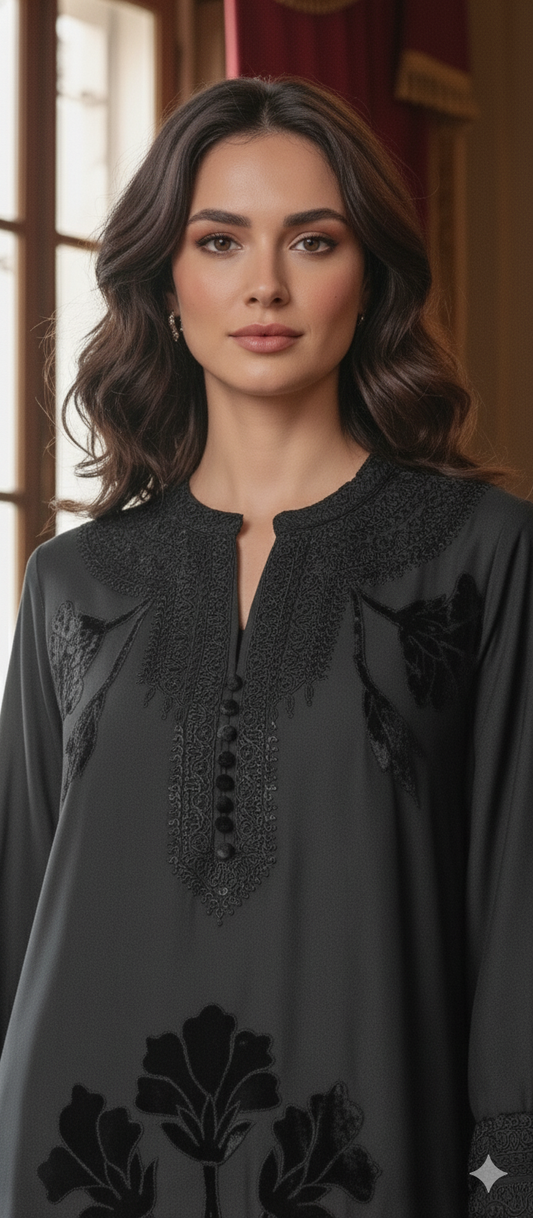 Formal Edit - Boski Kaftan Floral Royale Dori Embroidery & Velvet Applique - Black