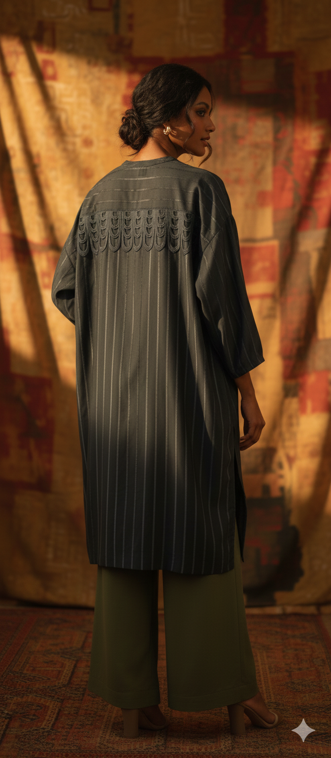 Spring Edit - Velvet striped linen with scallopped lace - Earthy Deep Grey
