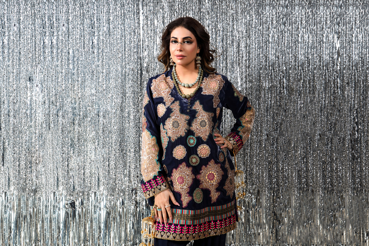 Wedding Wear - Blue Velvet with Kimkhawab Applique