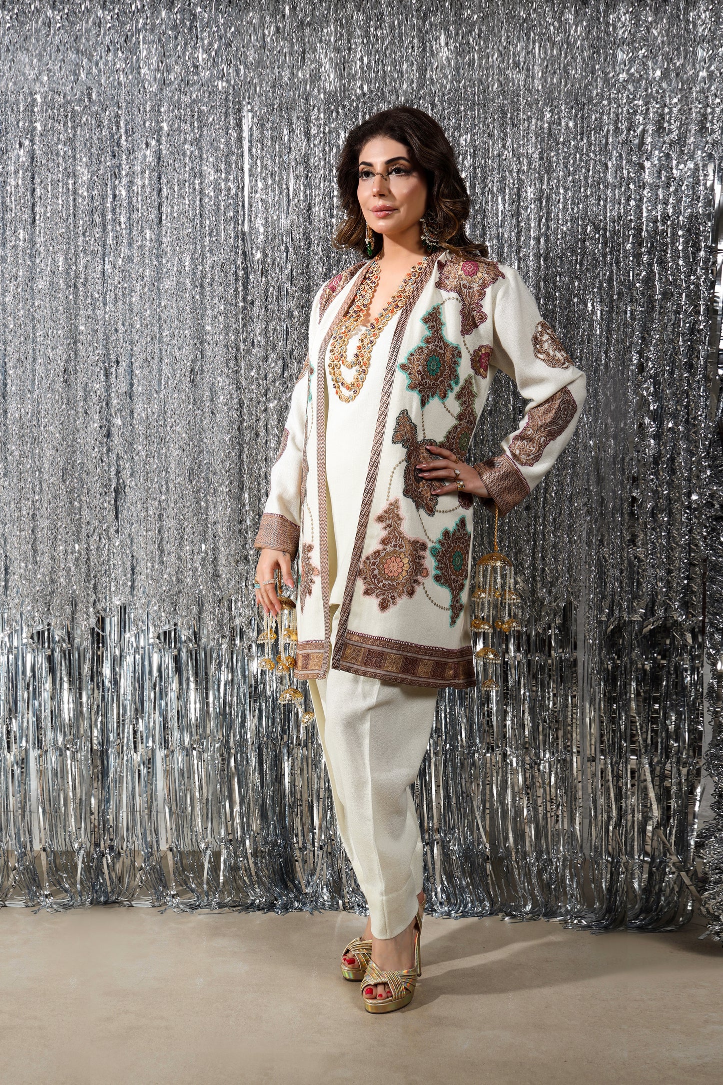 Wedding Wear - Ivory Pure Wool Jacket with Kimkhawab Applique