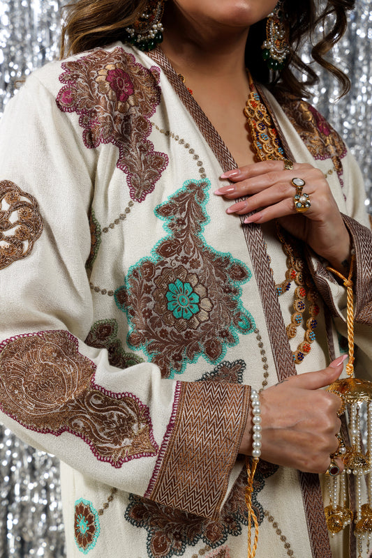 Wedding Wear - Ivory Pure Wool Jacket with Kimkhawab Applique