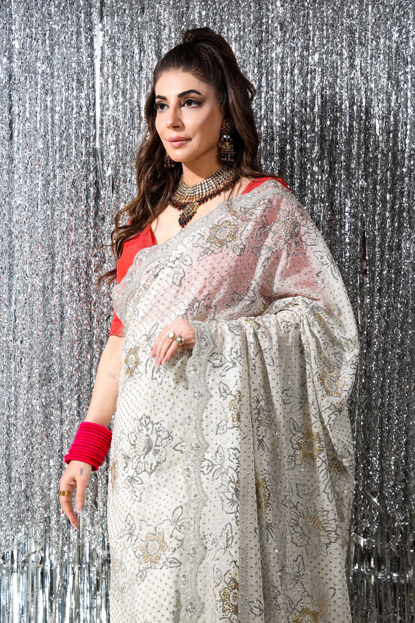 Sari - White Sequined Sari - Gul Bibi
