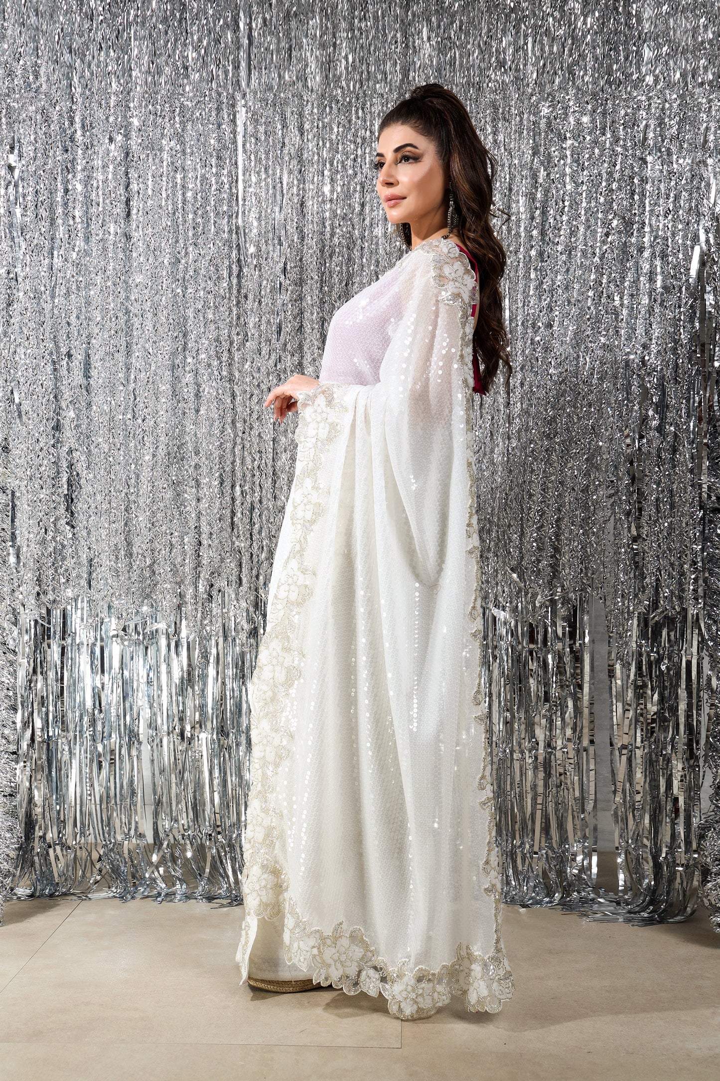 Sari - White Sequined Sari - Khaista Gul