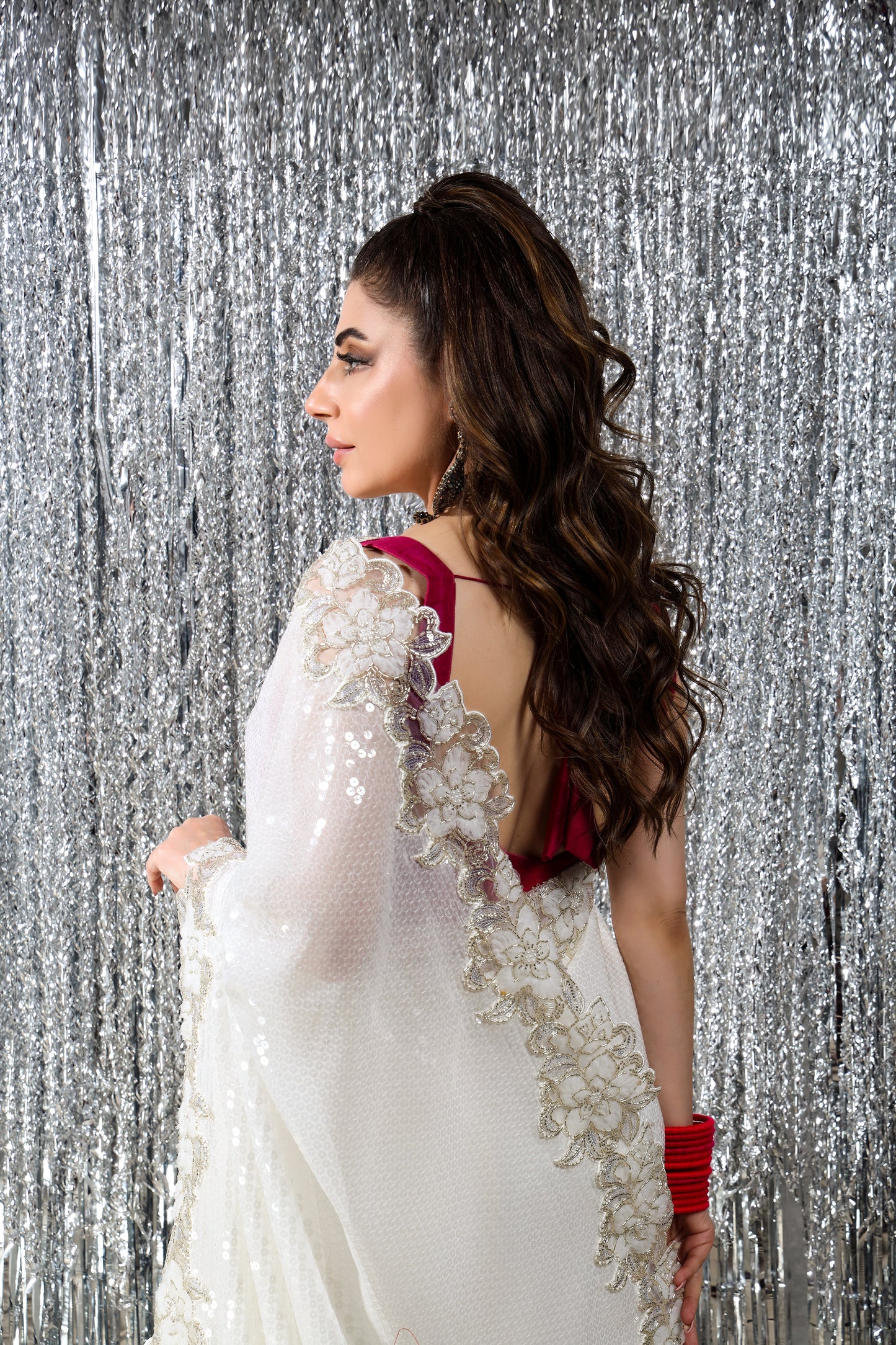 Sari - White Sequined Sari - Khaista Gul