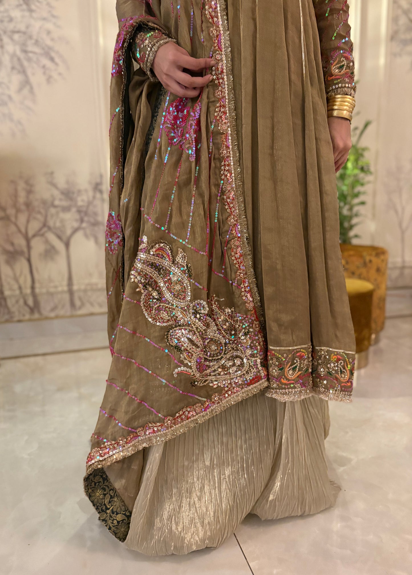Wedding Edit - Pure Shimmer Masoori Chiffon Silk - Gold Olive Green