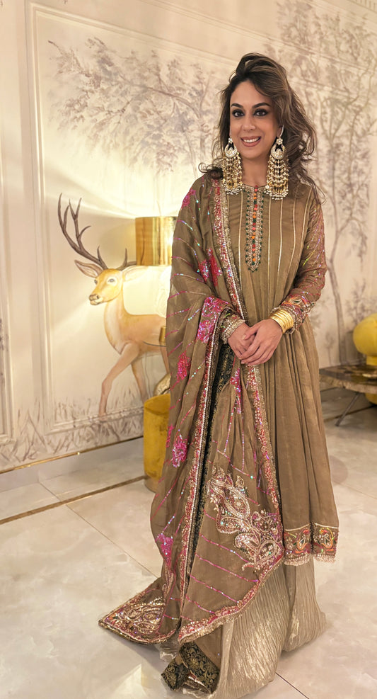 Wedding Edit - Pure Shimmer Masoori zari Chiffon Silk - Gold Olive Green
