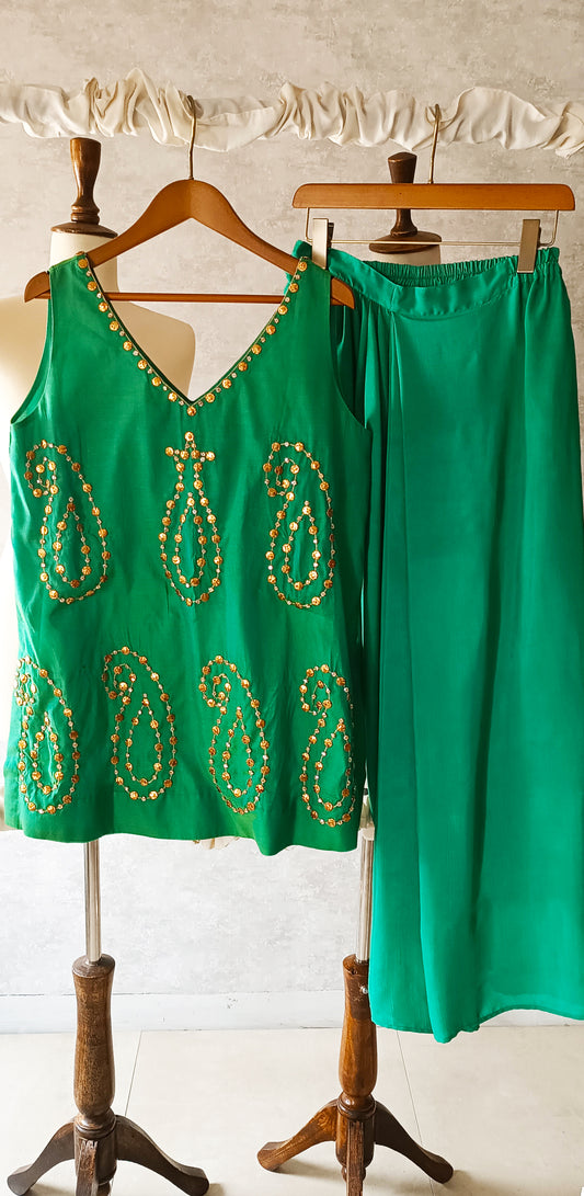 Wedding Wear - Chanderi Antique Muqaish- Apple Green