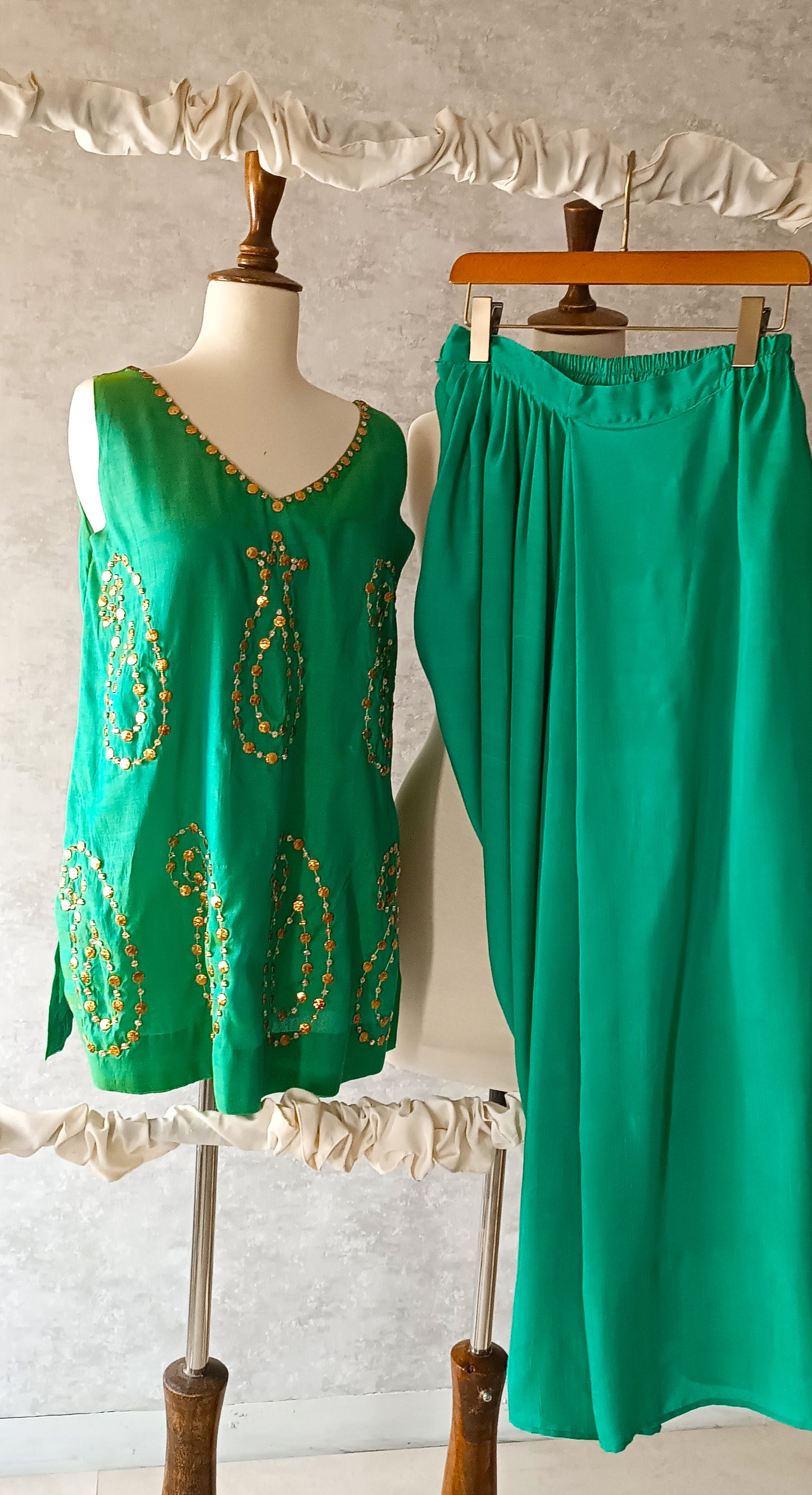 Wedding Wear - Chanderi Antique Muqaish- Apple Green