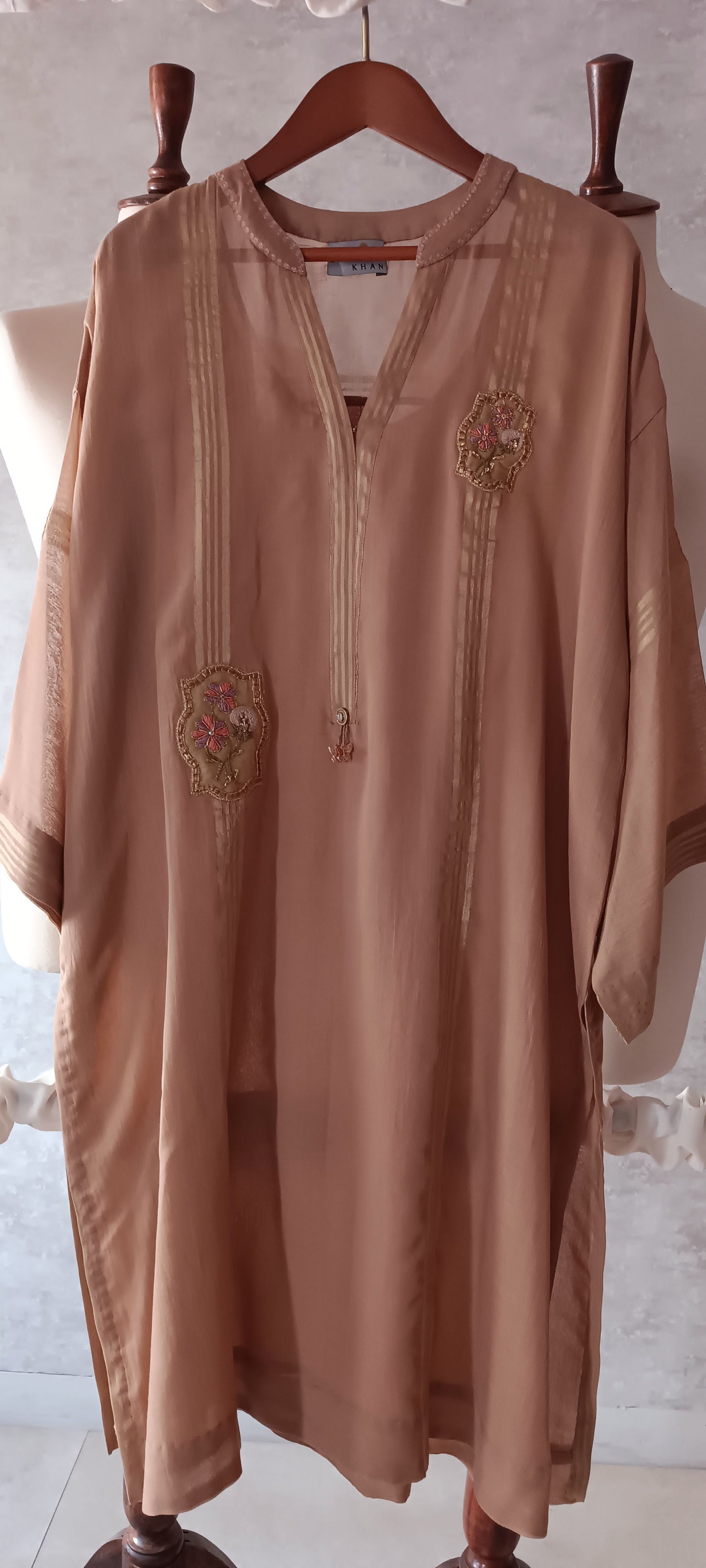 Summer Edit 2 - Dhaka Malmal Kurta with Embroidery (Fawn)