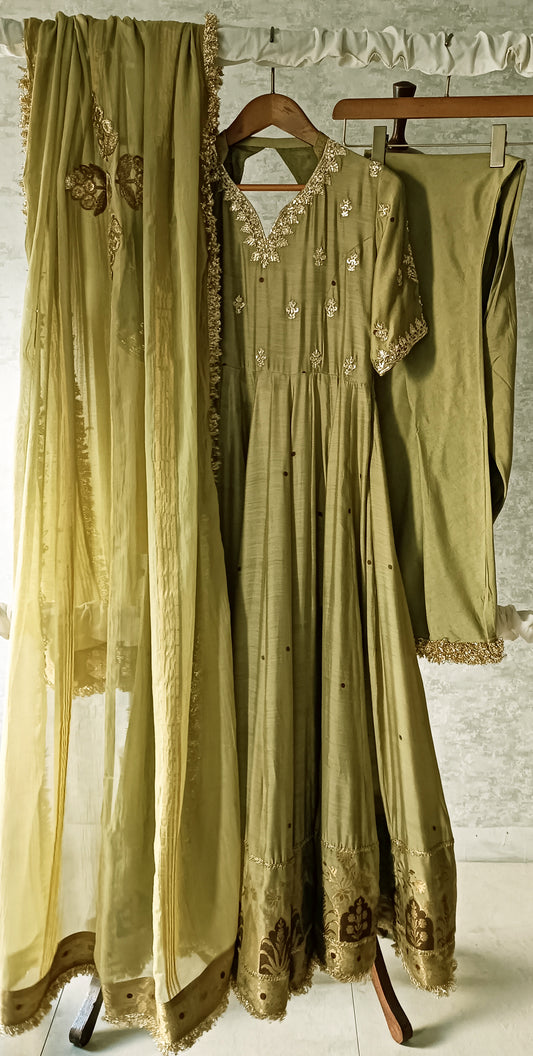 Dholki Edit - Pure Ketan Silk Peshwaaz - Fresh Olive Green