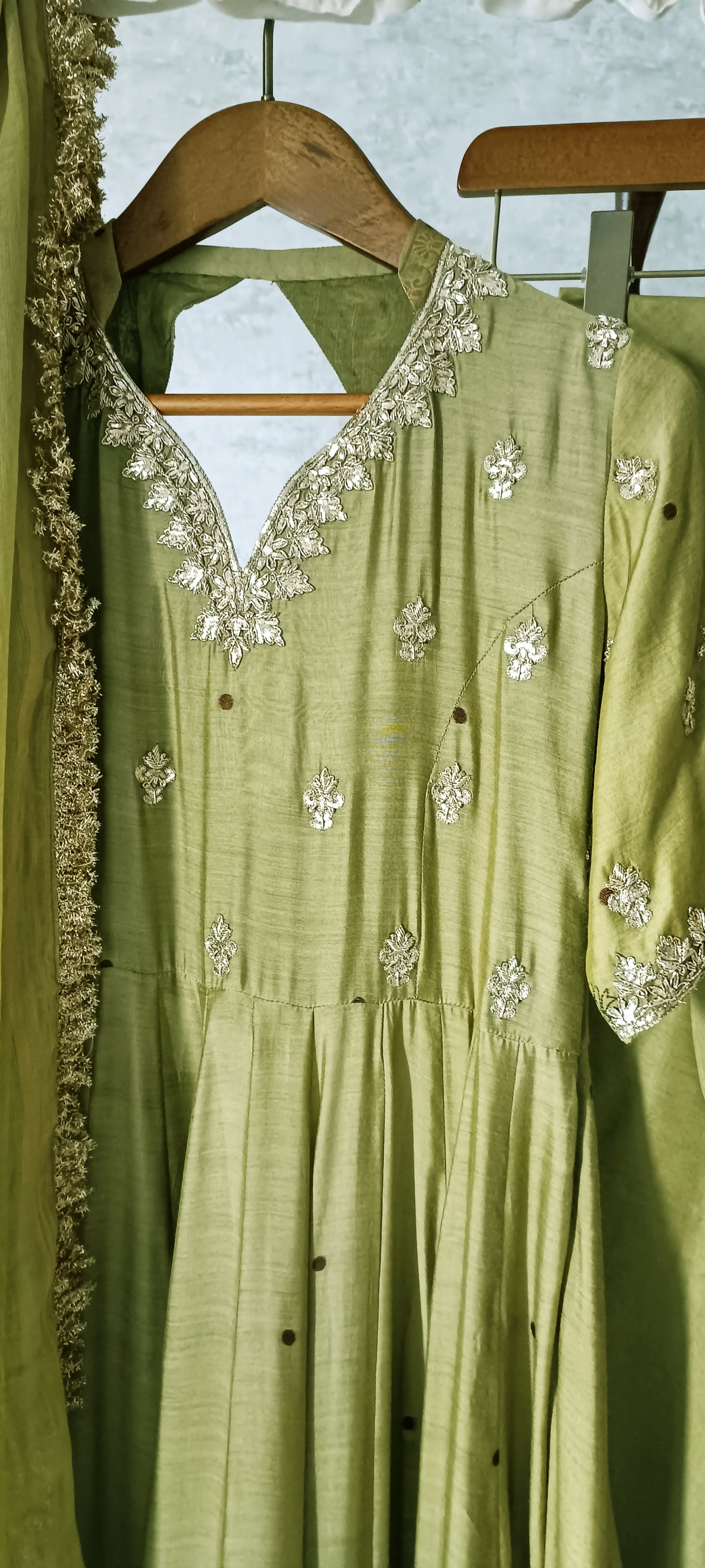 Dholki Edit - Pure Ketan Silk Peshwaaz - Fresh Olive Green