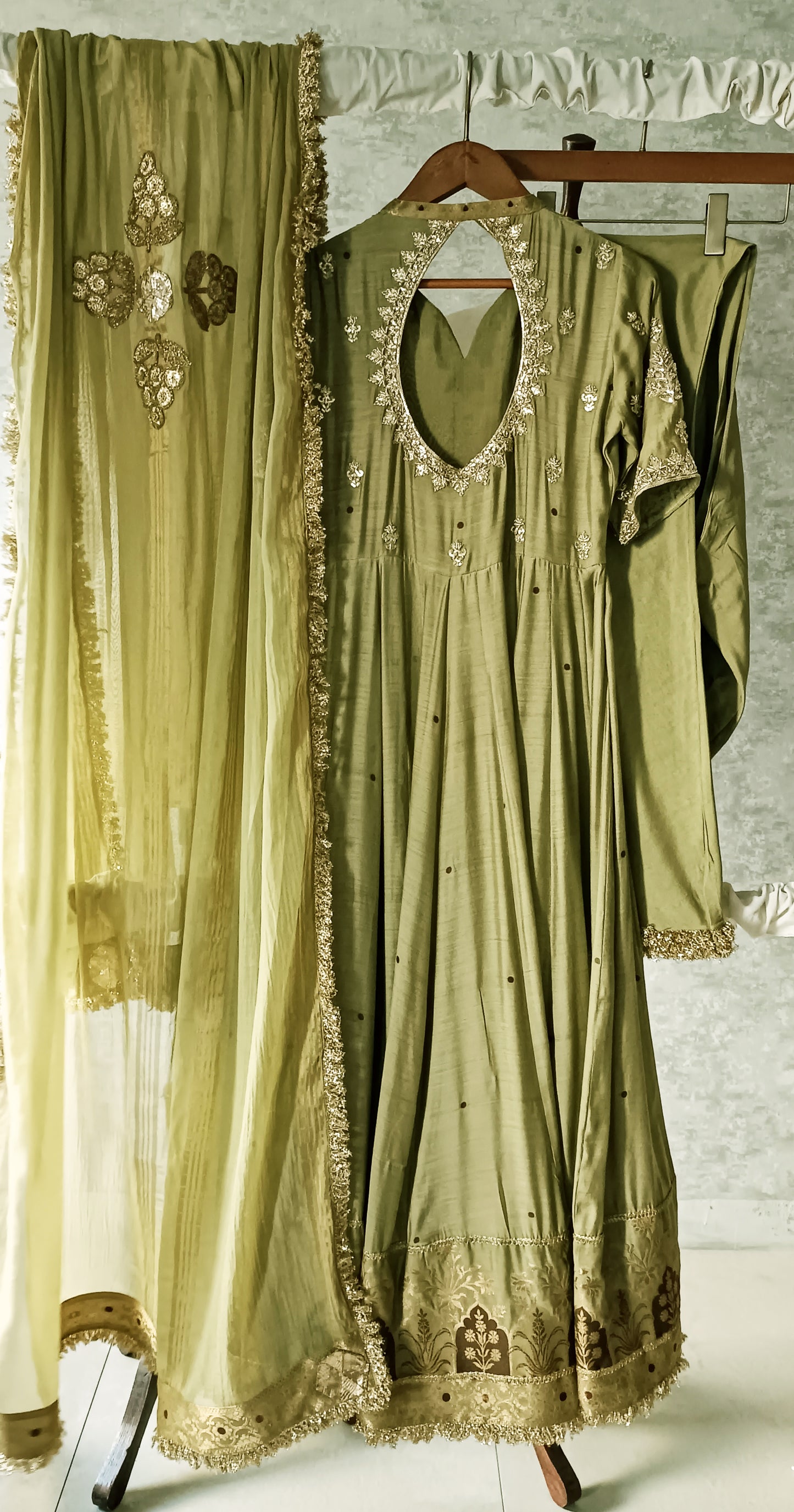 Dholki Edit - Pure Ketan Silk Peshwaaz - Fresh Olive Green