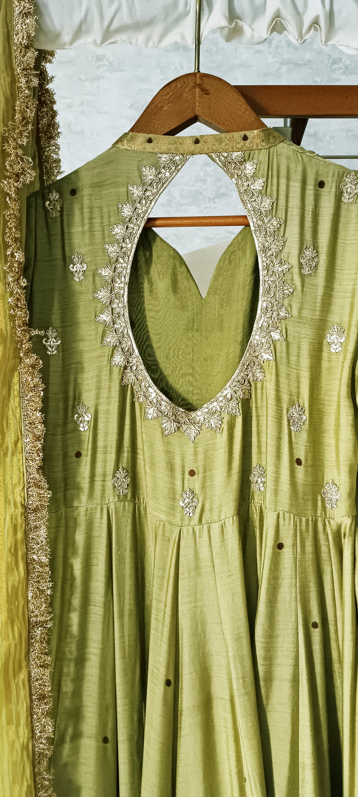 Dholki Edit - Pure Ketan Silk Peshwaaz - Fresh Olive Green