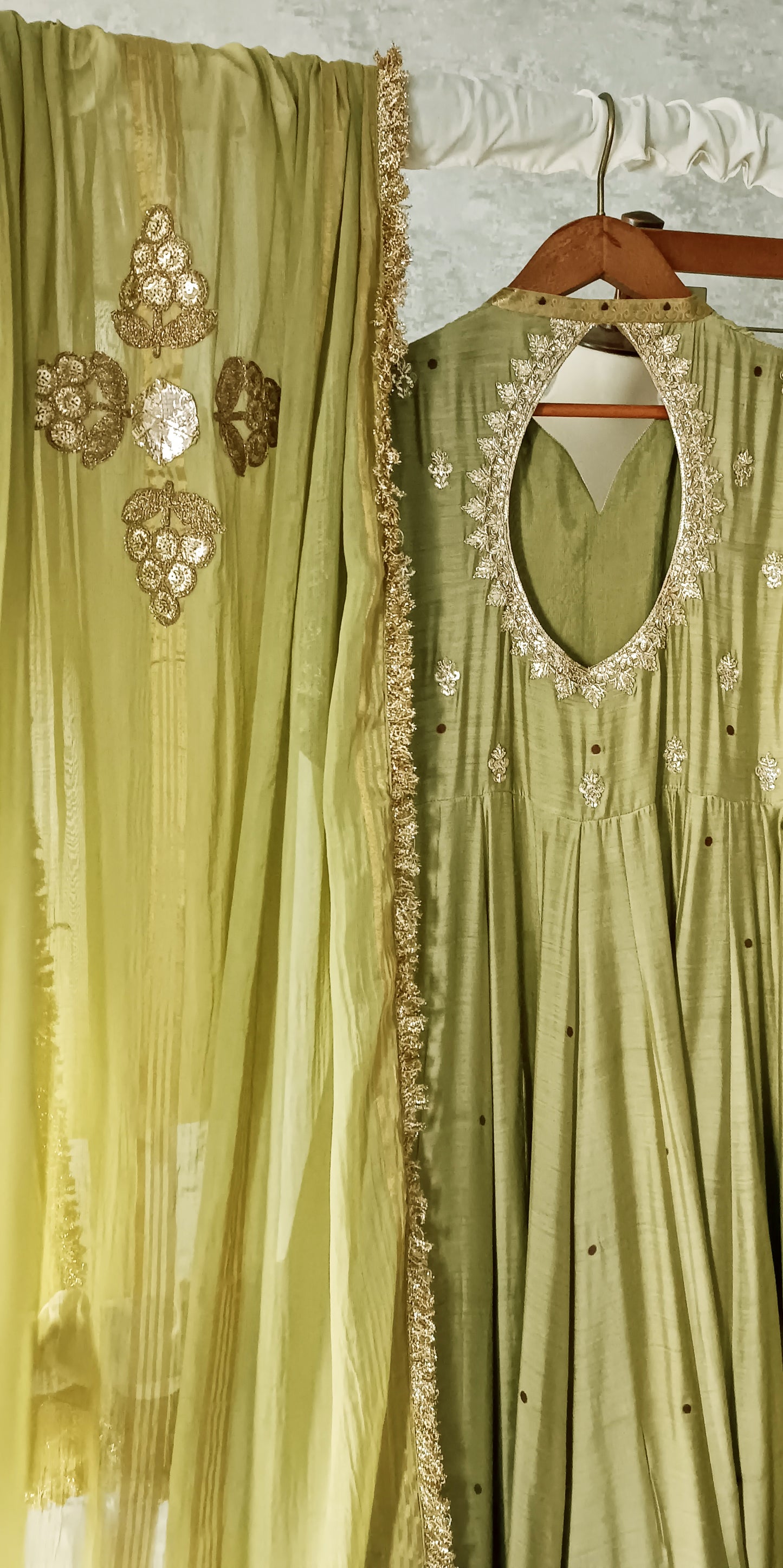 Dholki Edit - Pure Ketan Silk Peshwaaz - Fresh Olive Green