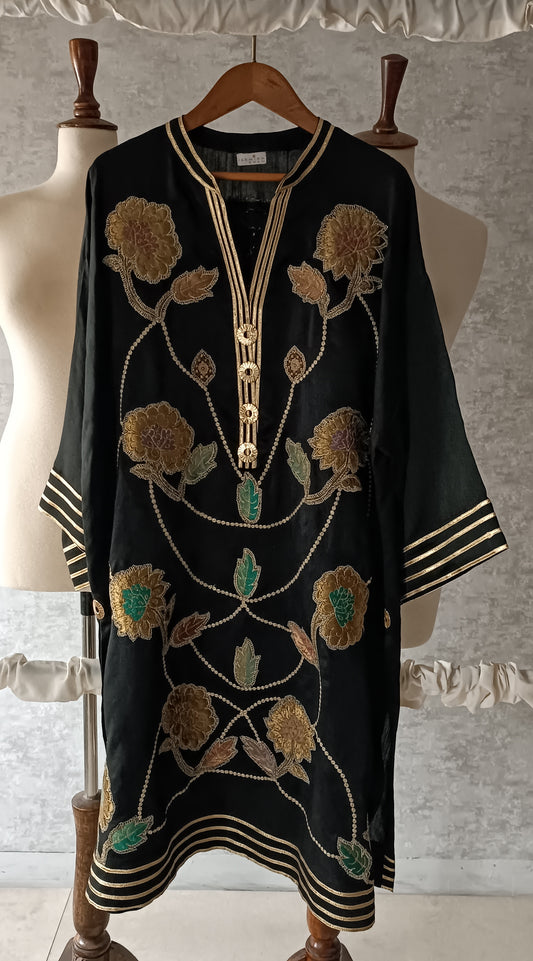 Dholki Edit - Pure Maple Raw Silk Kimkhawab Applique - Black