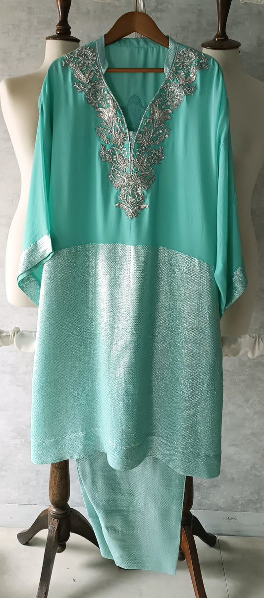 Wedding Edit - Pure Chaandi Zari Chiffon - Tiffany Blue