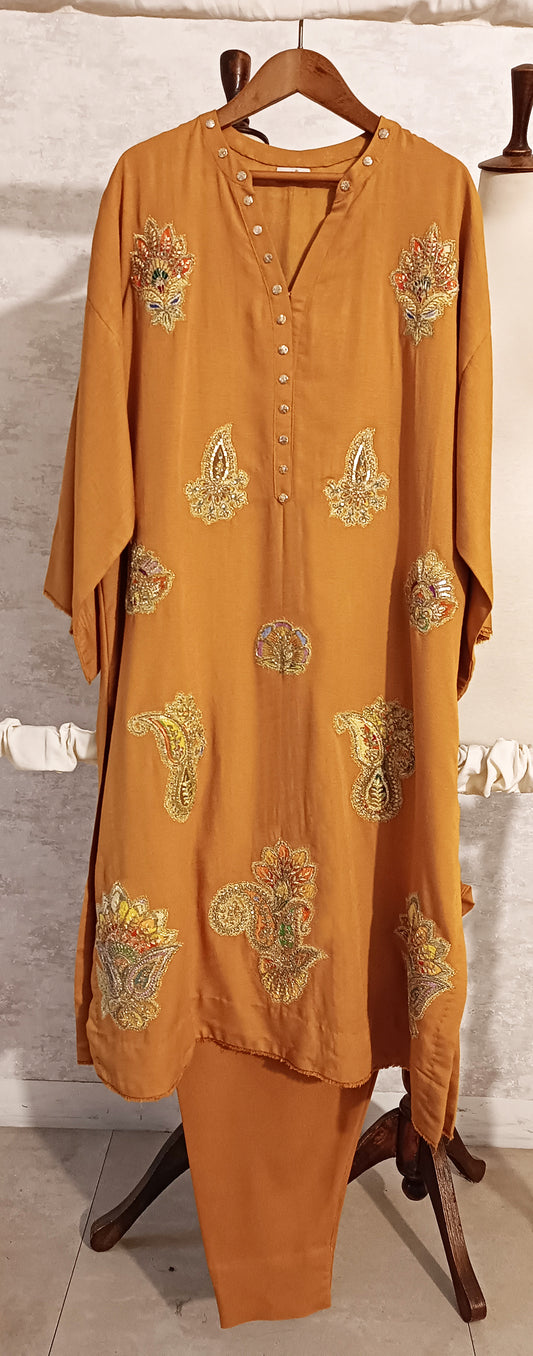 Spring Edit - Pure Silk Karandi Embellished Appliqué - Kesari Yellow