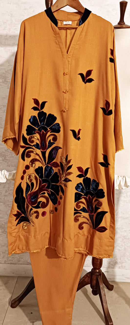 Spring Edit - Pure Silk Karandi Velvet Appliqué - Kesari Yellow