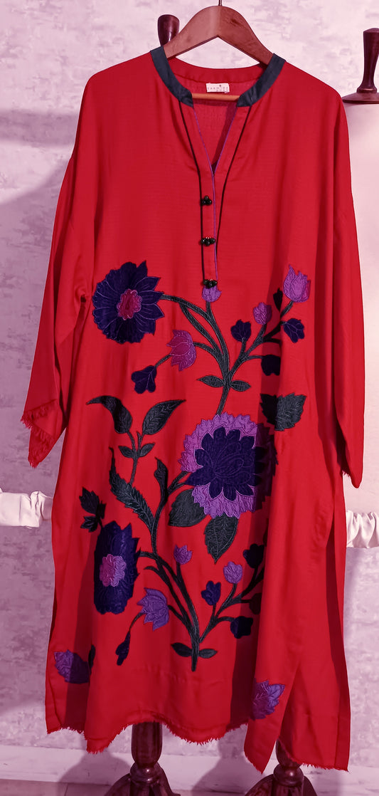 Spring Edit - Pure Silk Karandi Velvet Appliqué - Scarlet Red
