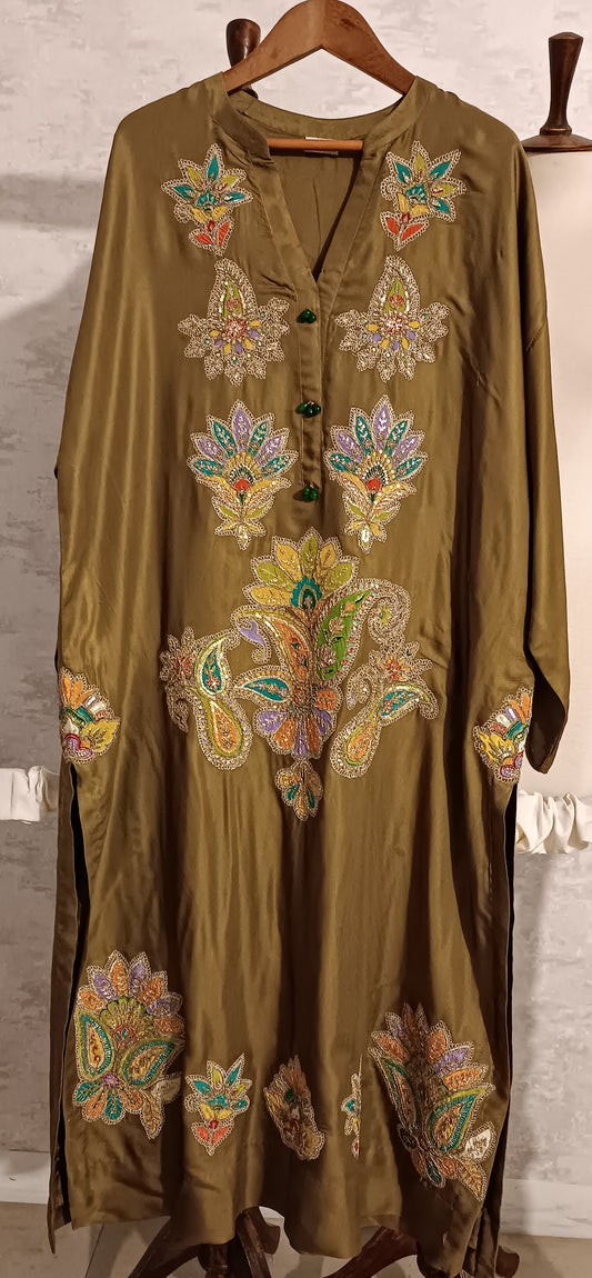 Spring Edit - Pure Silk with silk embellished Appliqué - Olive Green