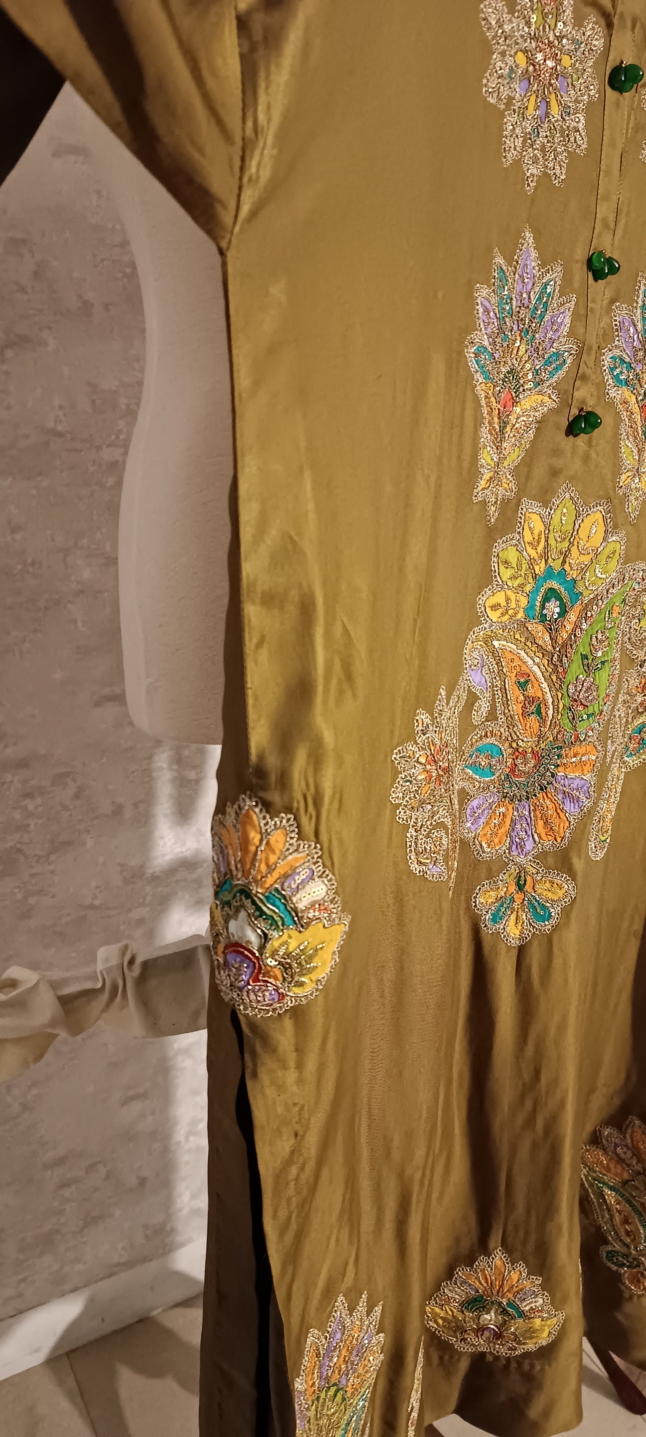 Spring Edit - Pure Silk with silk embellished Appliqué - Olive Green