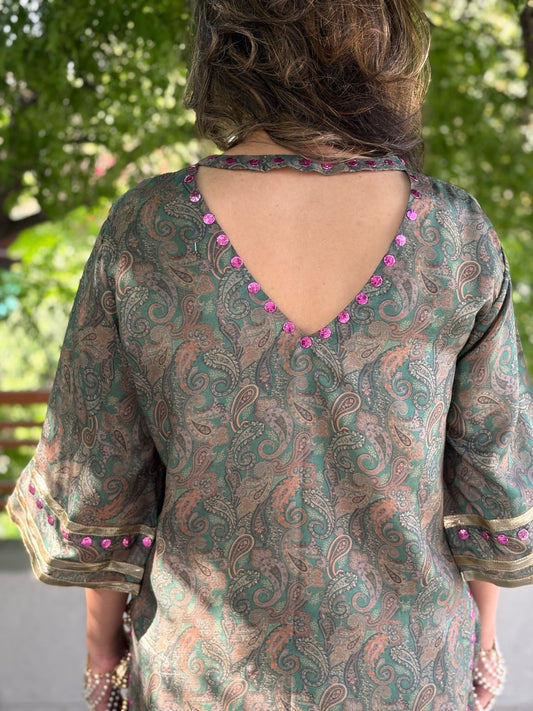 Wedding Wear - Printed Raw Silk shirt with Flared Skirt