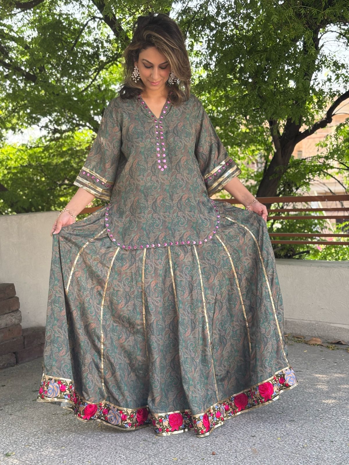 Wedding Wear - Printed Raw Silk shirt with Flared Skirt