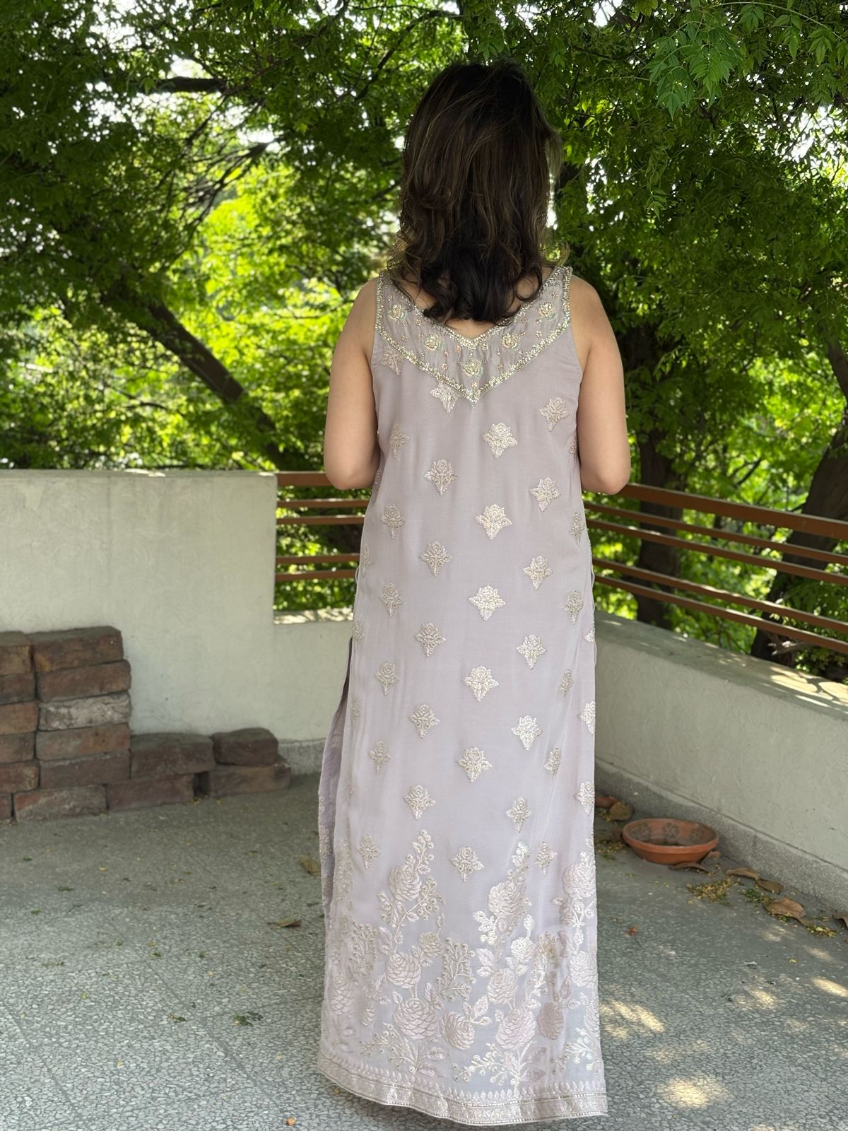 Pure Embroidered Chiffon with Hand Embellishment (Lilac)