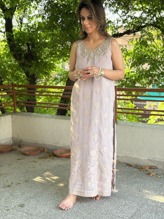 Pure Embroidered Chiffon with Hand Embellishment (Lilac)