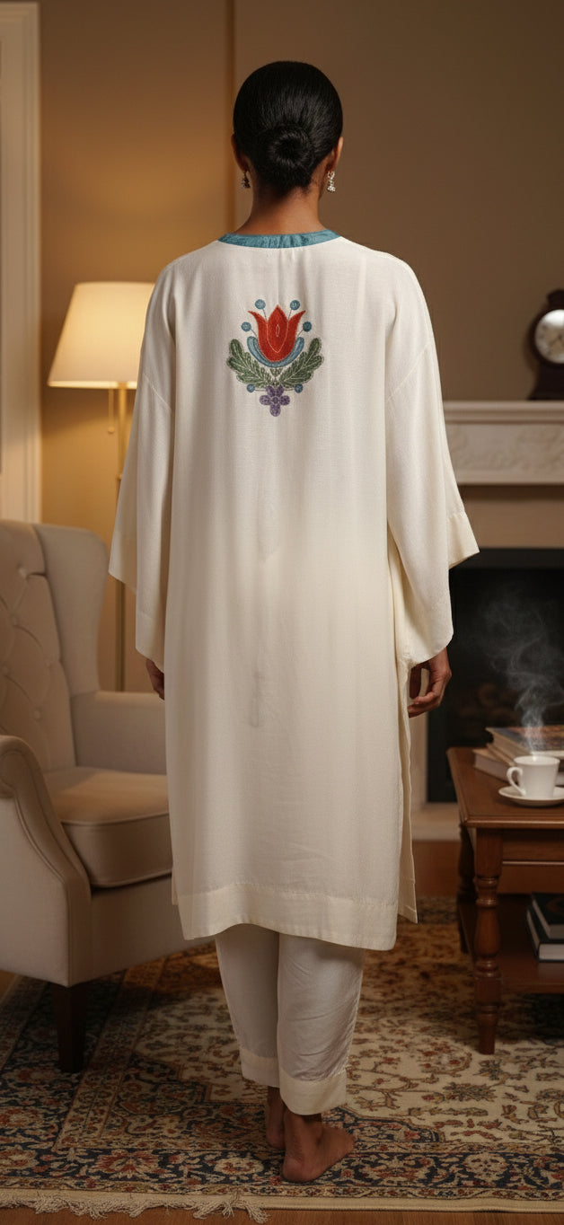 Winter Edit - Light wool blend marina with pure silk Applique - Soft White