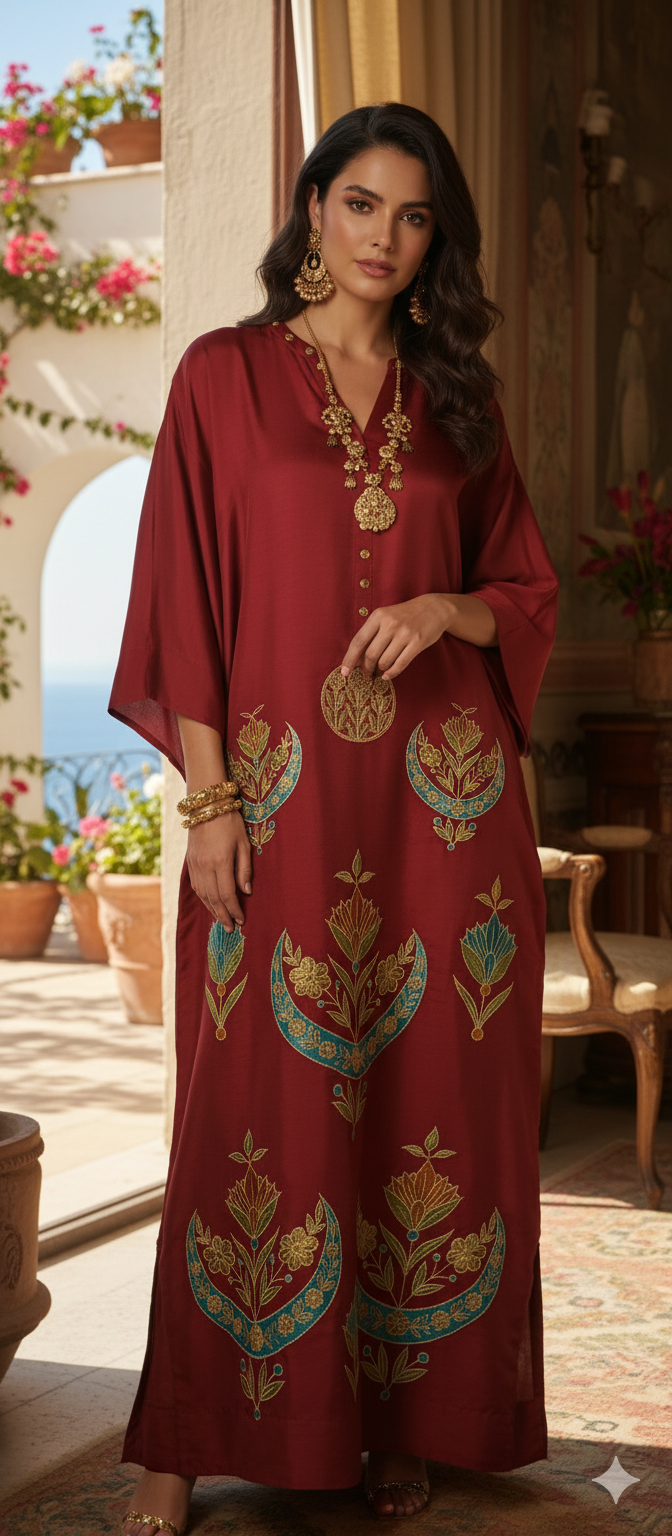 Dholki Edit - Slub Silk Kaftan Chaandi Phool - Carmine Red