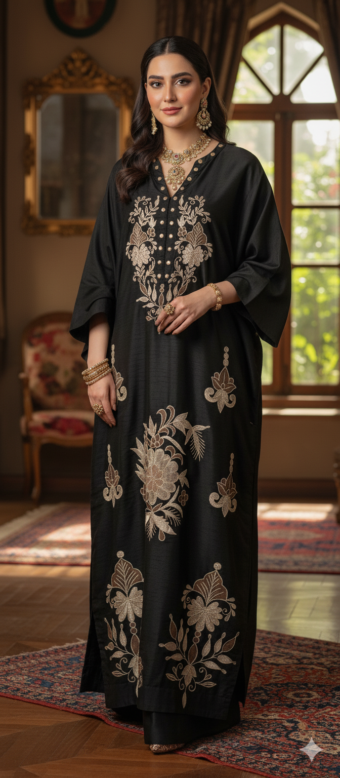 Dholki Edit - Slub Silk Kaftan Floral Royale - Black