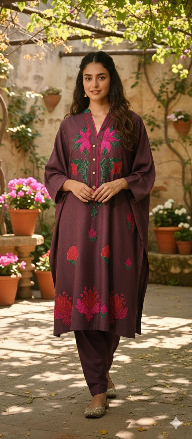 Winter Edit - Silk Applique & Embroidery - Pure Silk Marina - Deep Plum Purple