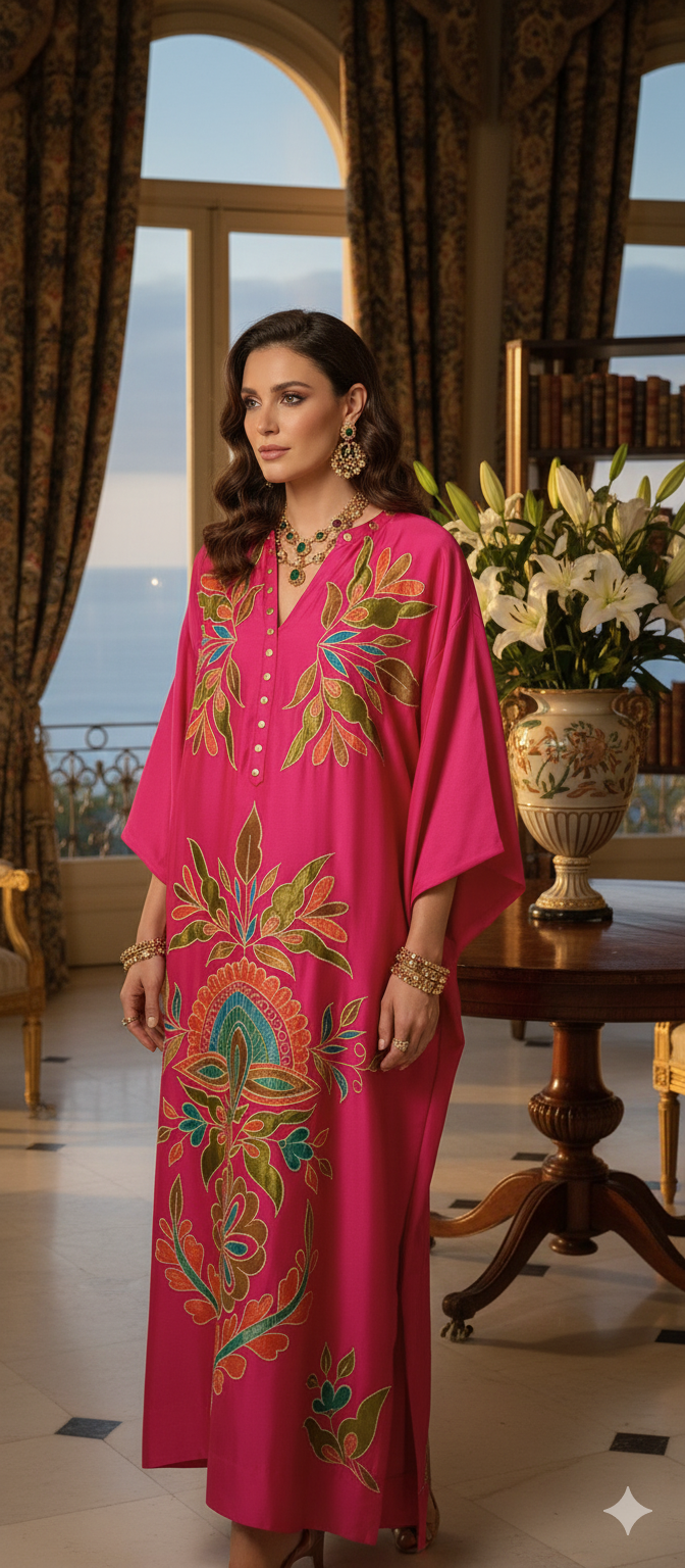 Dholki Edit - Satin Silk Kaftan Floral Royale - Hot Pink