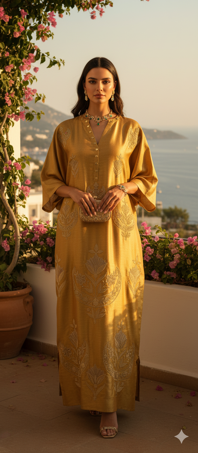 Dholki Edit - Gold Pure Tissue Satin Kaftan Chaandi Phool