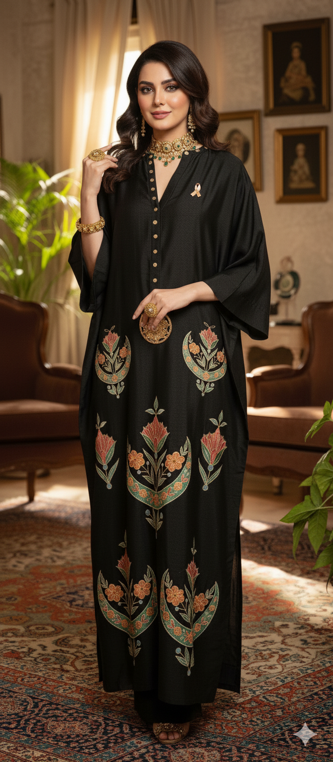Dholki Edit - Slub Silk Kaftan Chaandi Phool - Black