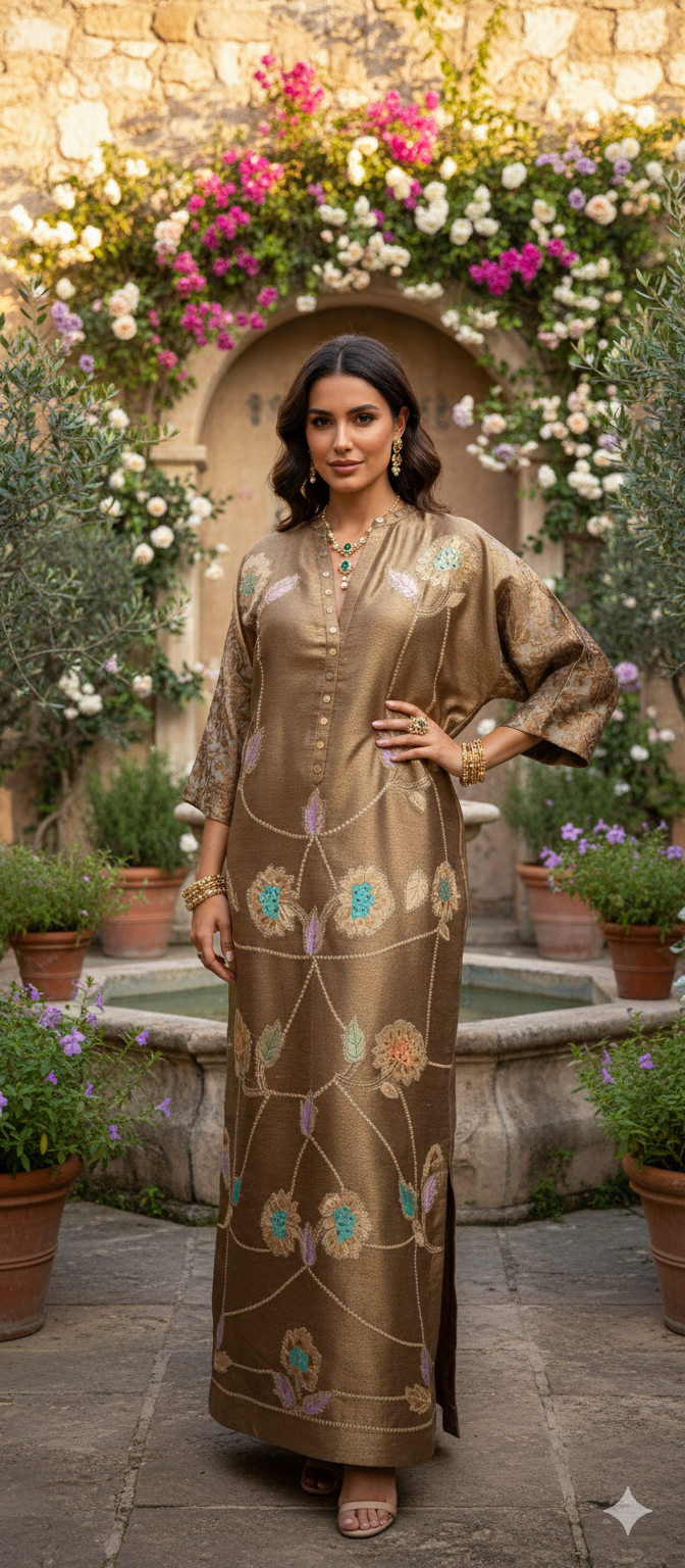 Dholki Edit - Antique Gold Pure Tissue Satin Kaftan Floral